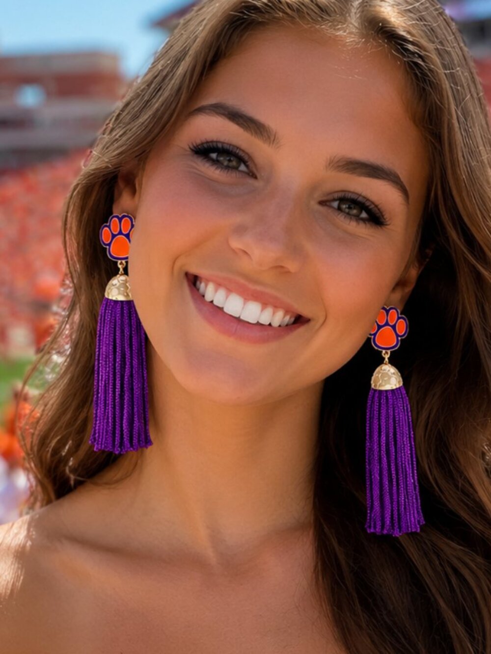 CLEMSON Orange Purple College Football Tiger Paw Cheer Tassel Earrings